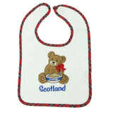 Teddy Bear Eating porridge Tartan Trim Embroidered Bib