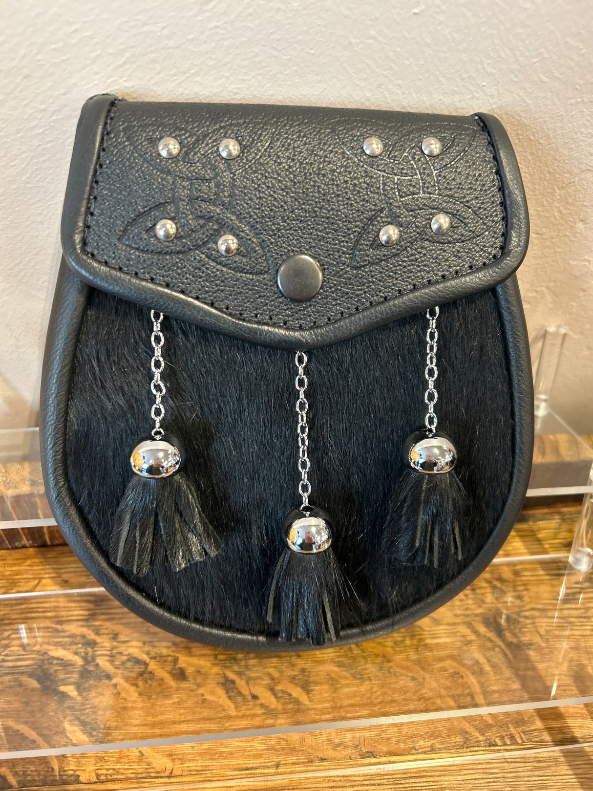 Duo Celtic Swirl Flap With Studs Skin Front & Metal Tassels Semi Dress Sporran
