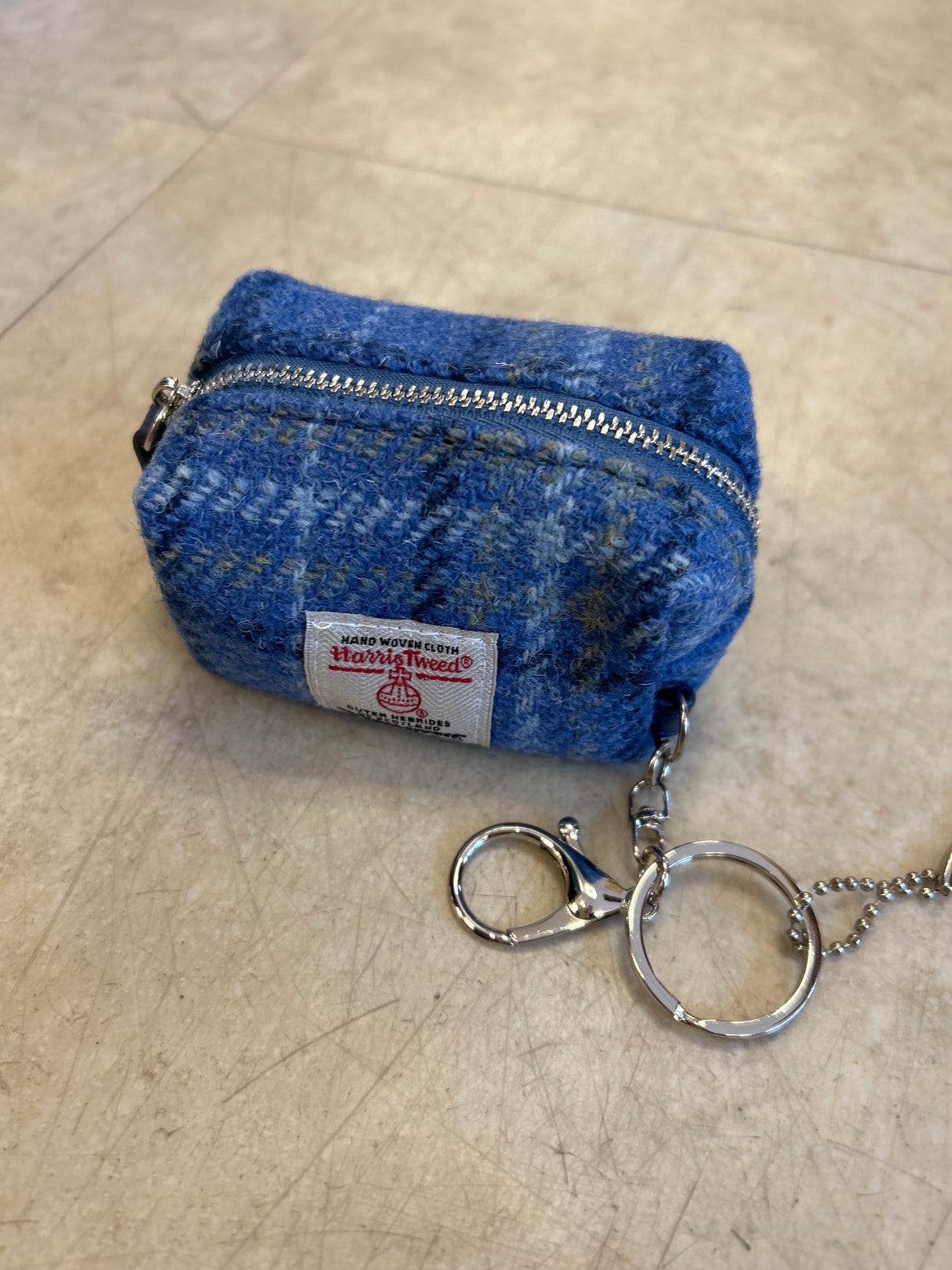 Fara Harris Tweed Rectangular Micro Check Bag Charm Light Blue Check