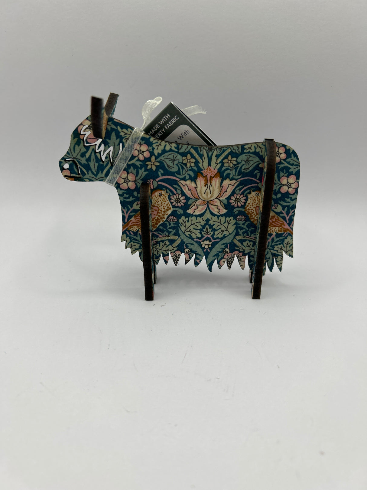 3D Standing Highland Cow In Liberty Teal Strawberry Thief