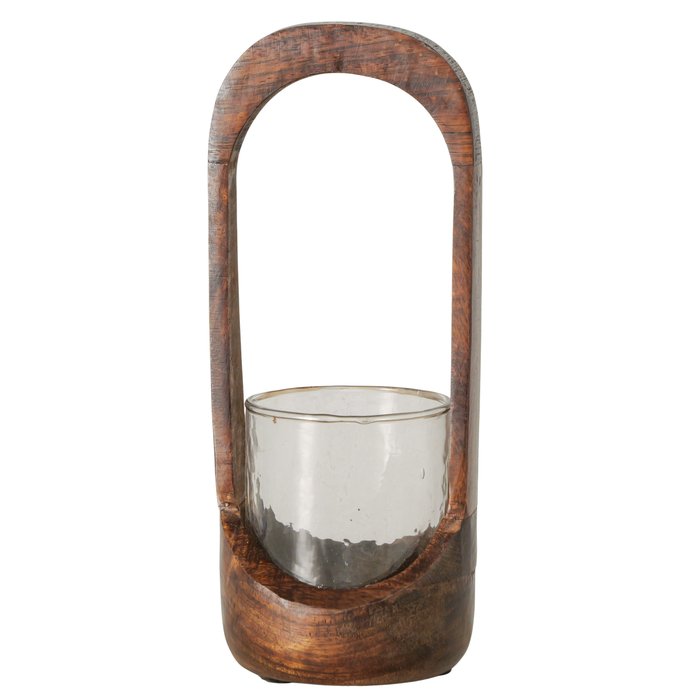 “Meola” Small Wooden Oval Glass Windlight Candle Holder (26cm Tall)