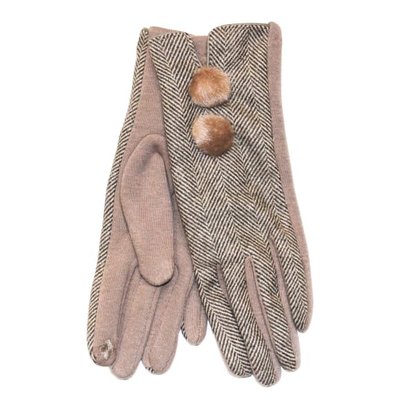 Camel Herringbone Pom Pom Glove (Boxed)