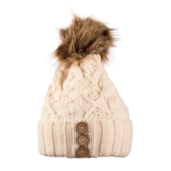 Aran Diamond Cable Button Hat - Cream / Natural