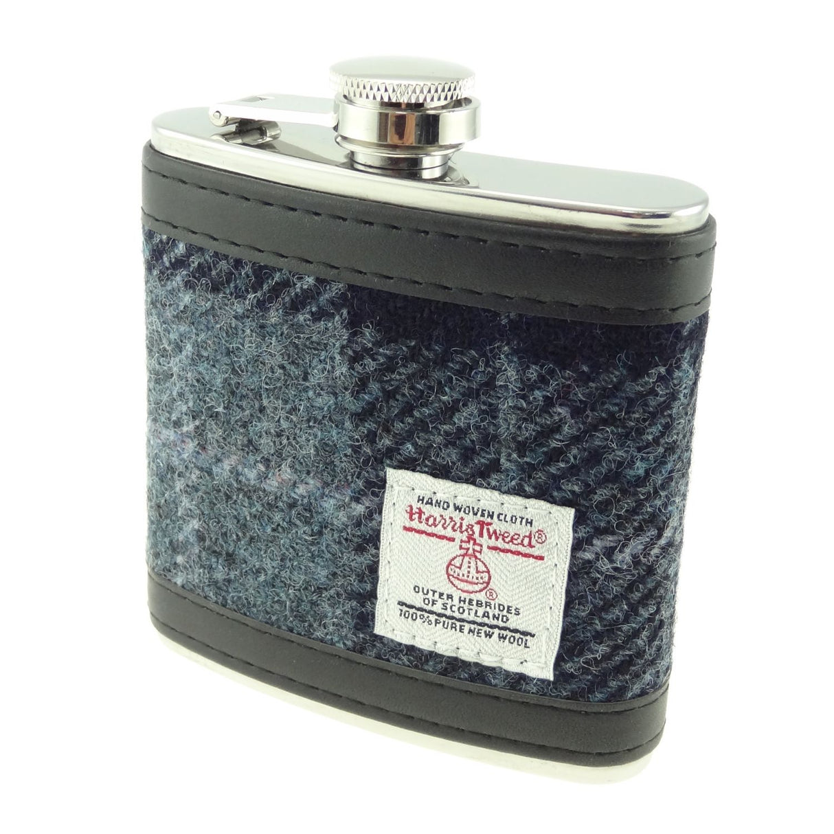 Harris Tweed Boxed 6oz Hip Flask Grey & Black Tartan