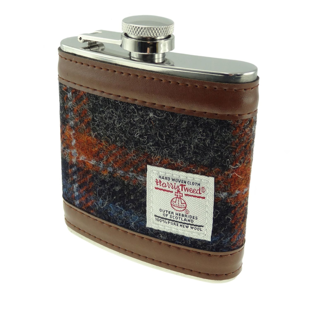 Harris Tweed Boxed 6oz Hip Flask Grey with Rust Overcheck