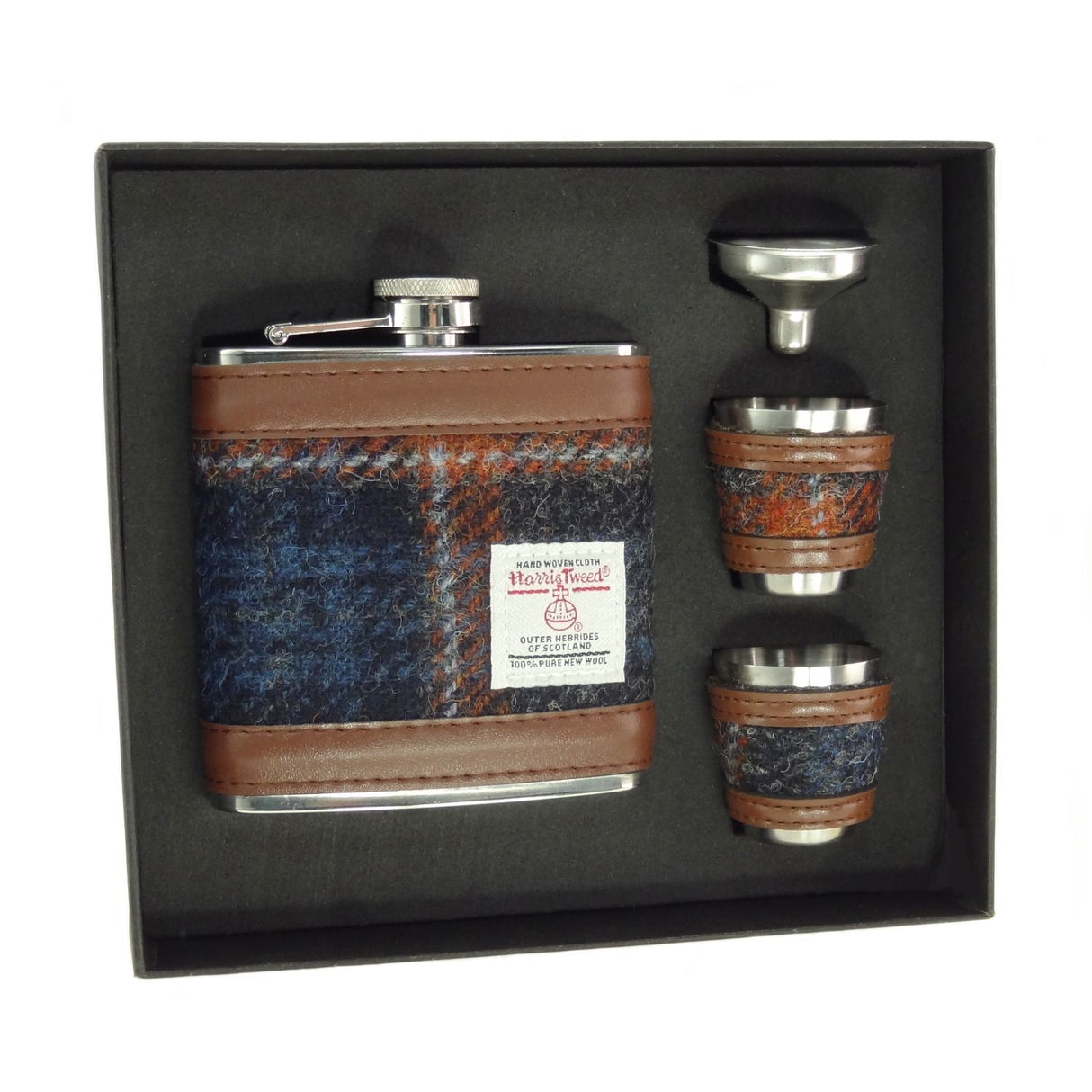 Harris Tweed Hip Flask & Two Cups Set Grey with Rust Overcheck