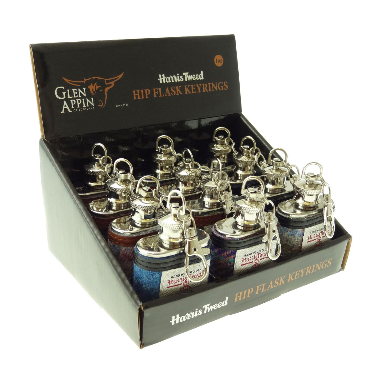 Assorted Harris Tweed 1oz Hip Flask Keyring