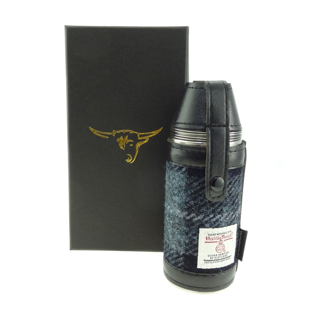 Harris Tweed Boxed 8oz Hunting Flask Grey & Black Tartan