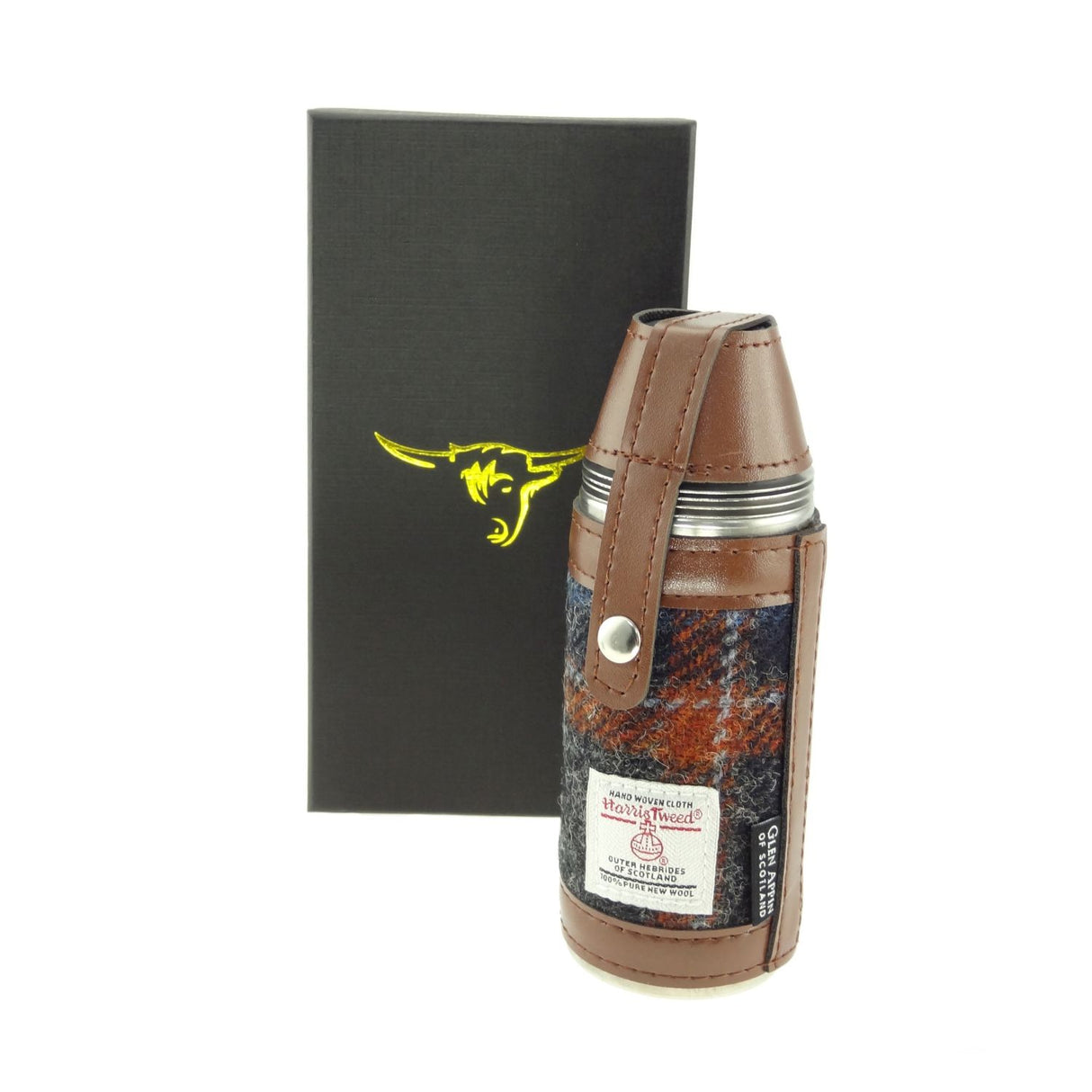 Harris Tweed Boxed 8oz Hunting Flask Grey with Rust Overcheck