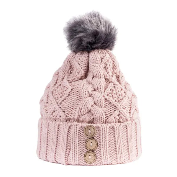 Aran Diamond Cable Button Hat - Blush / Grey