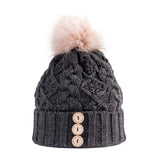 Aran Diamond Cable Button Hat - Charcoal / Blush