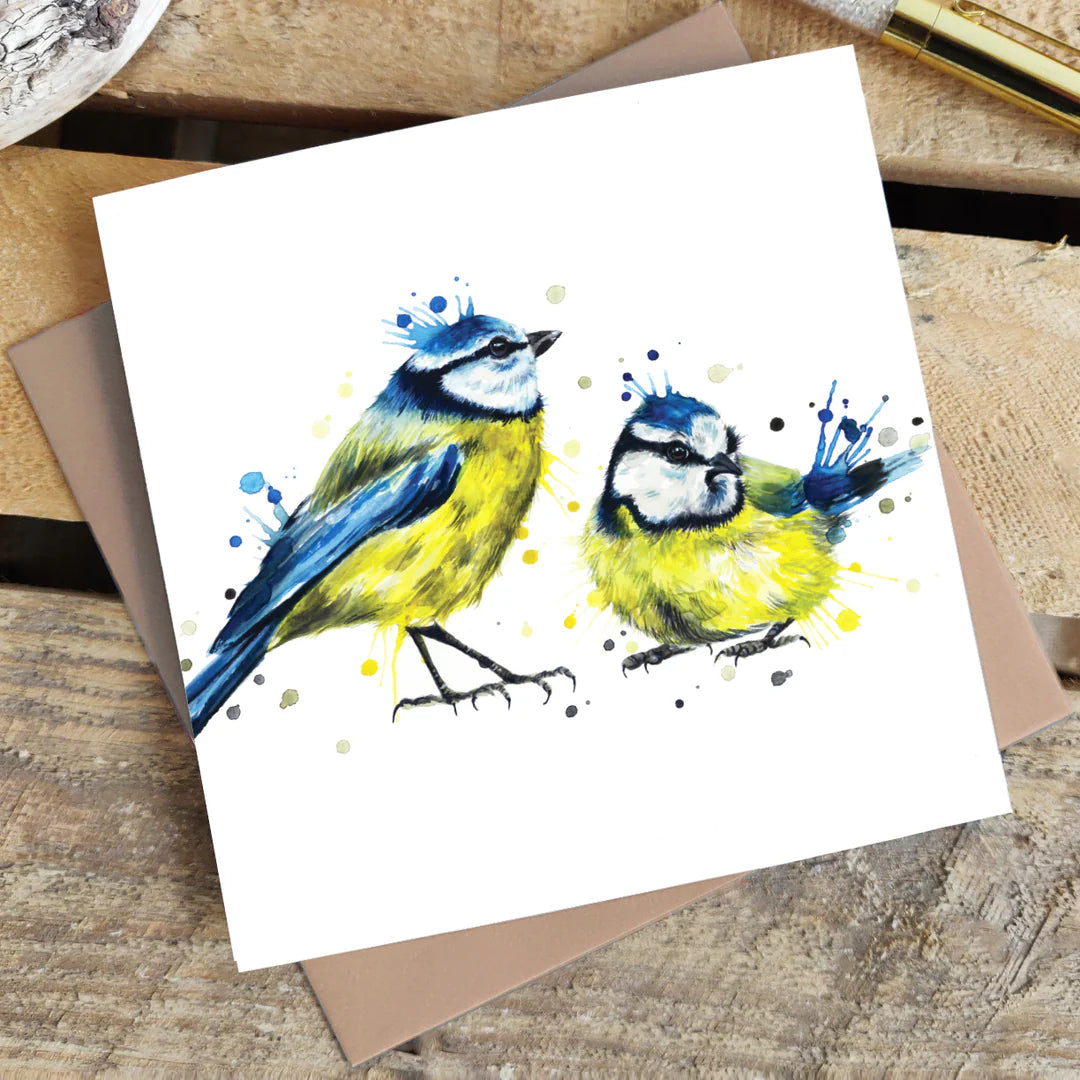 Splatter Blue Tits Greetings Card