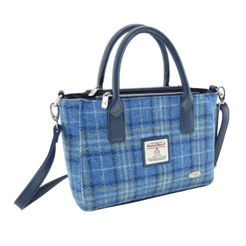 Brora Harris Tweed Small Tote Bag with shoulder strap Light Blue Check