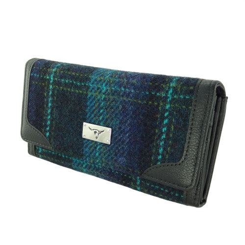 Bute Harris Tweed Long Purse with Zip/Card Blue with Turquoise Overcheck