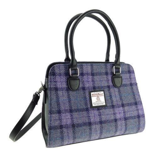 Findhorn Harris Tweed Structured Handbag with Shoulder Strap Bold Purple Check