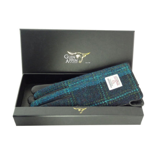 Harris Tweed Ladies Gloves with Black Leather Blue with Turquoise Overcheck