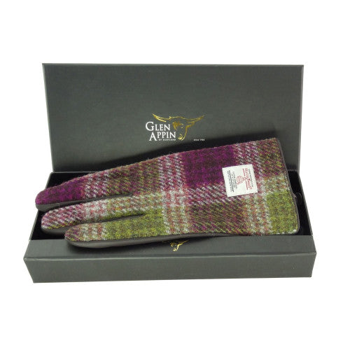 Harris Tweed Ladies Gloves with Brown Leather Heather Check