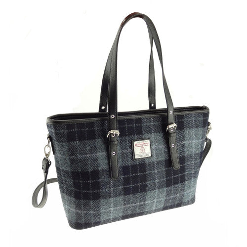 Spey Harris Tweed Large Tote Bag with Shoulder Strap Grey & Black Tartan