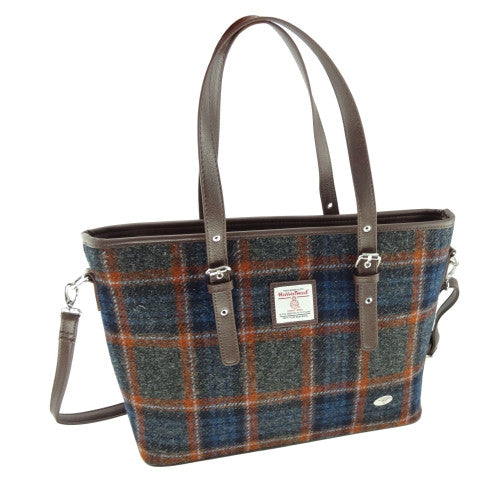 Spey Harris Tweed Large Tote Bag with Shoulder Strap Grey with Rust Overcheck