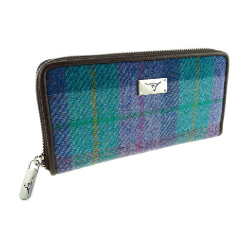 Staffa Harris Tweed Long Zip Close Purse Green & Purple Tartan