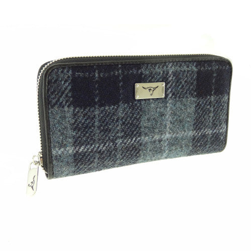 Staffa Harris Tweed Long Zip Close Purse Grey and Black Tartan