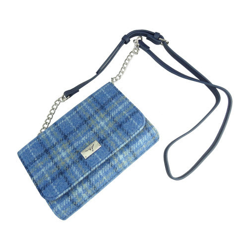 Strathy Harris Tweed Mini Wallet Cross-Body Bag Light Blue Check