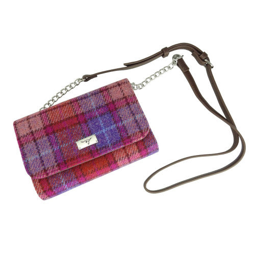 Strathy Harris Tweed Mini Wallet Cross-Body Bag Orange and Purple Tartan