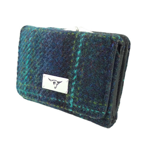 Unst Harris Tweed Small Clasp Purse with Card Section Blue with Turquoise Overcheck