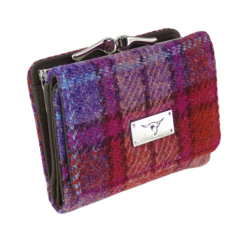 Unst Harris Tweed Small Clasp Purse with Card Section Orange and Purple Tartan