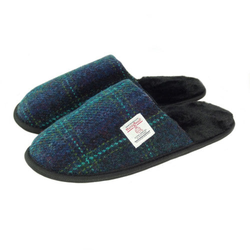 Harris Tweed Mens Slippers Blue with Turquoise Overcheck