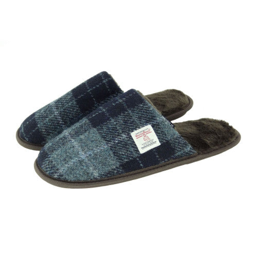 Harris Tweed Mens Slippers Grey and Black Tartan