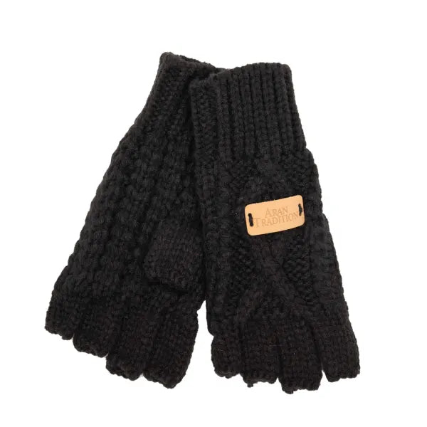 Aran Cable Fingerless Gloves - Black