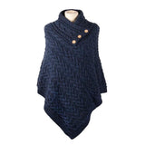 Aran Cable Button Shawl Neck Poncho - Navy