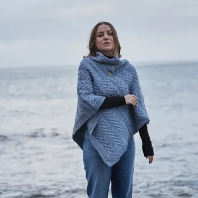 Aran Cable Button Shawl Neck Poncho - Slate