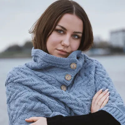 Aran Cable Button Shawl Neck Poncho - Slate