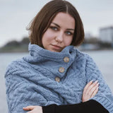 Aran Cable Button Shawl Neck Poncho - Slate
