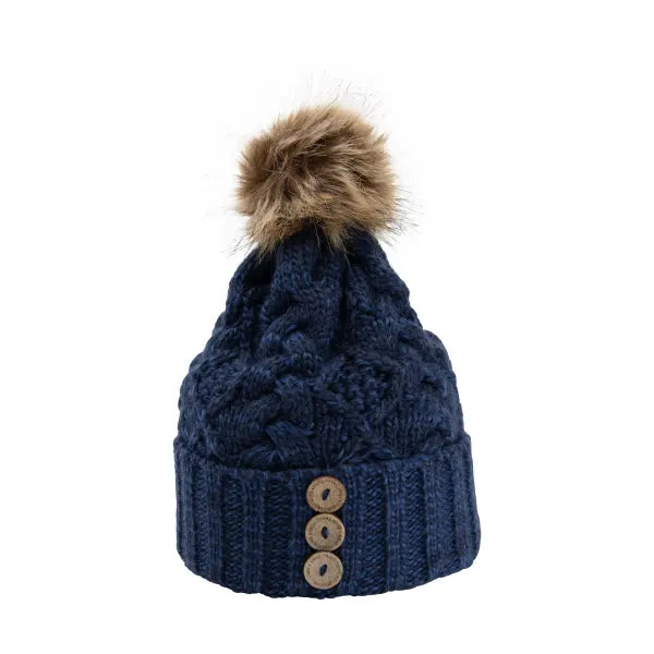 Aran Diamond Cable Button Hat - Navy / Natural
