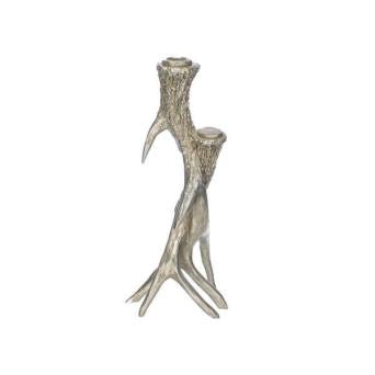 Antique Silver Effect Antler Double Candle Holder (31cm)