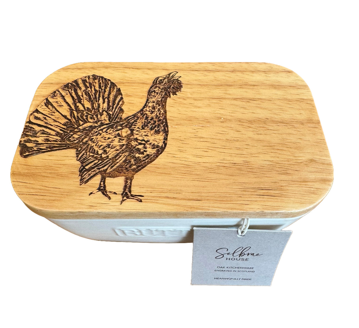 Capercaillie White Butter Dish with Oak Lid