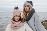 Aran Diamond Cable Button Hat - Blush / Grey