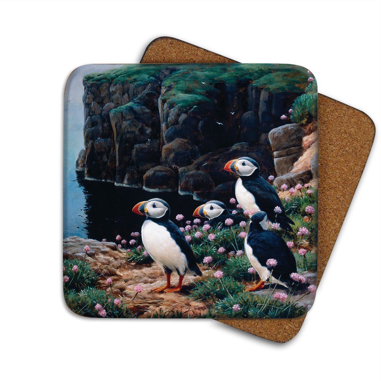 Puffins At The Cliff Edge Julian Friers Coaster