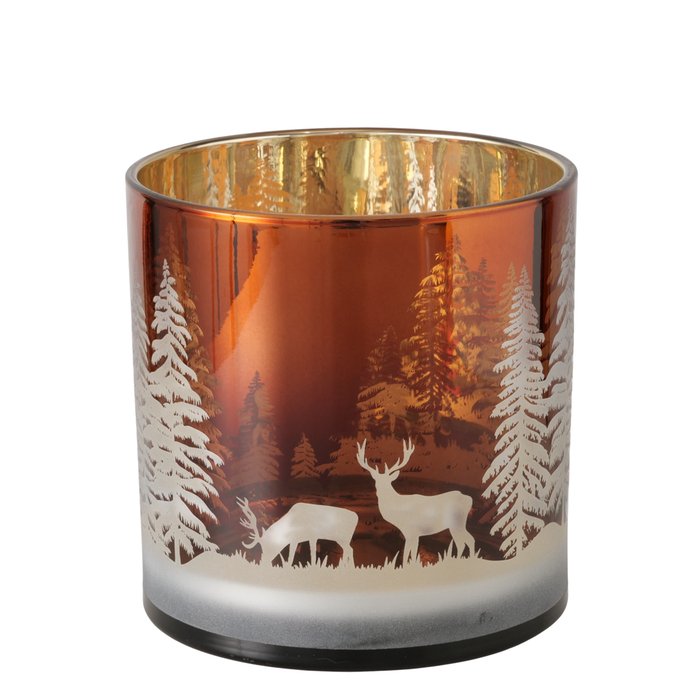 Large Stag In The Forest Scene “Lorel” Round Brown Glass Candle Holder (15cm Tall)