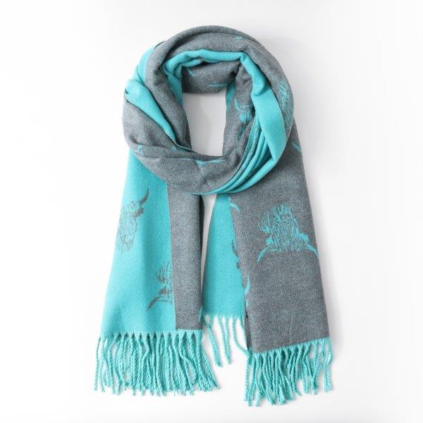 Tiffany Aqua / Green Cashmere Blend Reversible Highland Cow scarf