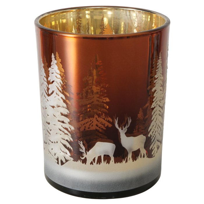 Medium Stag In The Forest Scene “Lorel” Round Brown Glass Candle Holder (12.5cm Tall)