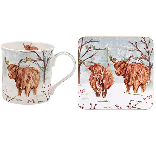Jennifer Rose Christmas Highland Cow Mug & Coaster Set