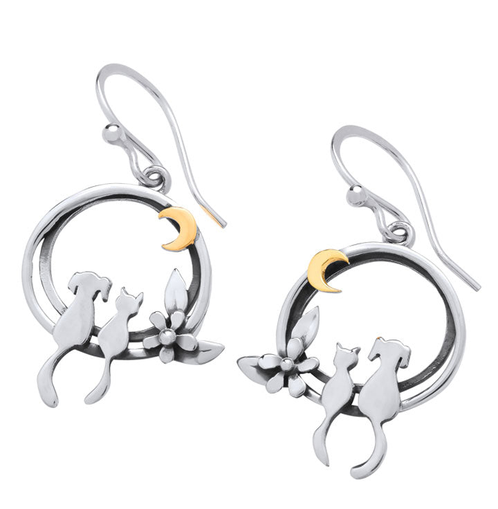 Cat & Dog Best Friends Drop Earrings - Silver & 9ct Gold