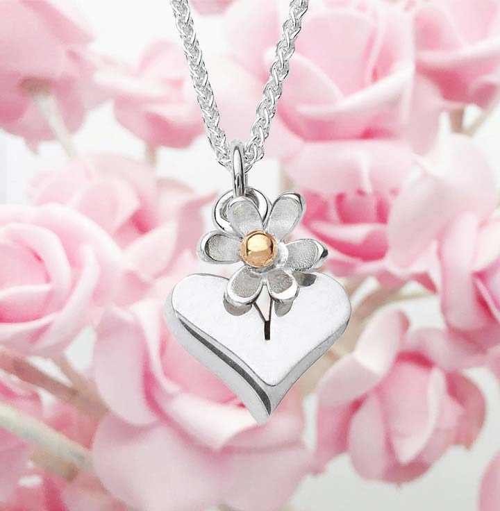 Hearts & Flowers Necklace - Silver & 9ct Yellow Gold