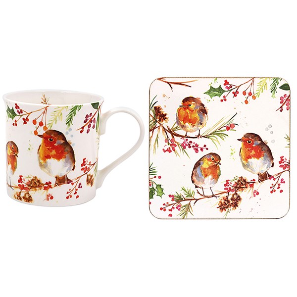 Jennifer Rose Winter Robin Mug & Coaster Set