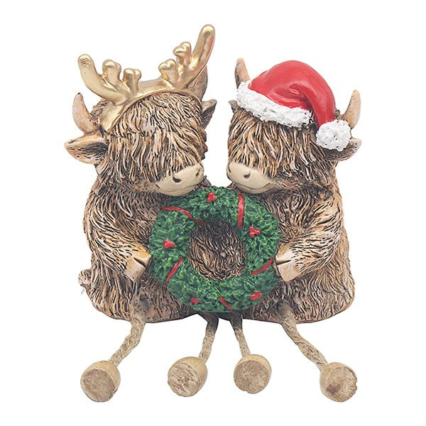 Pair of Christmas Highland Cows & Wreath Dangly Legs