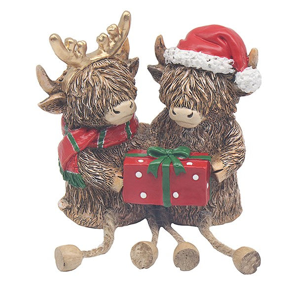 Pair of Christmas Highland Cows & Parcel Dangly Legs